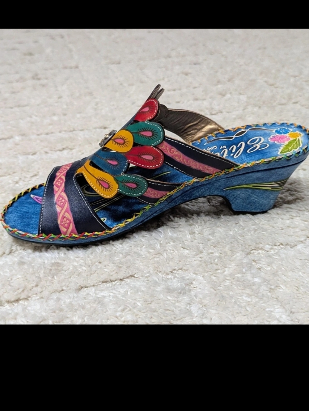 Elite by Corky Bonsai Leather  Floral Cutout Women's Wedge Slide Sandals, Sz 11